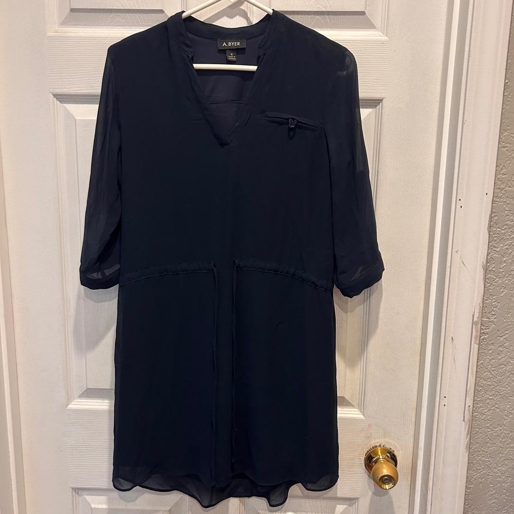 A BYER Navy Blue Sheer Sleeve Drawstring Waist‎ Shirt Dress S Beach Lightweight